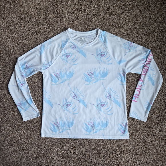 Huk Tops - Huk Fishing Shirt Women Large Pursuit Boca Palm Long Sleeve UPF 50+ White Blue